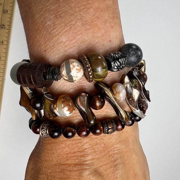 Handmade Beaded Bracelet Trio Tribal Browns Earth Tones Mixed Materials - Picture 6 of 9